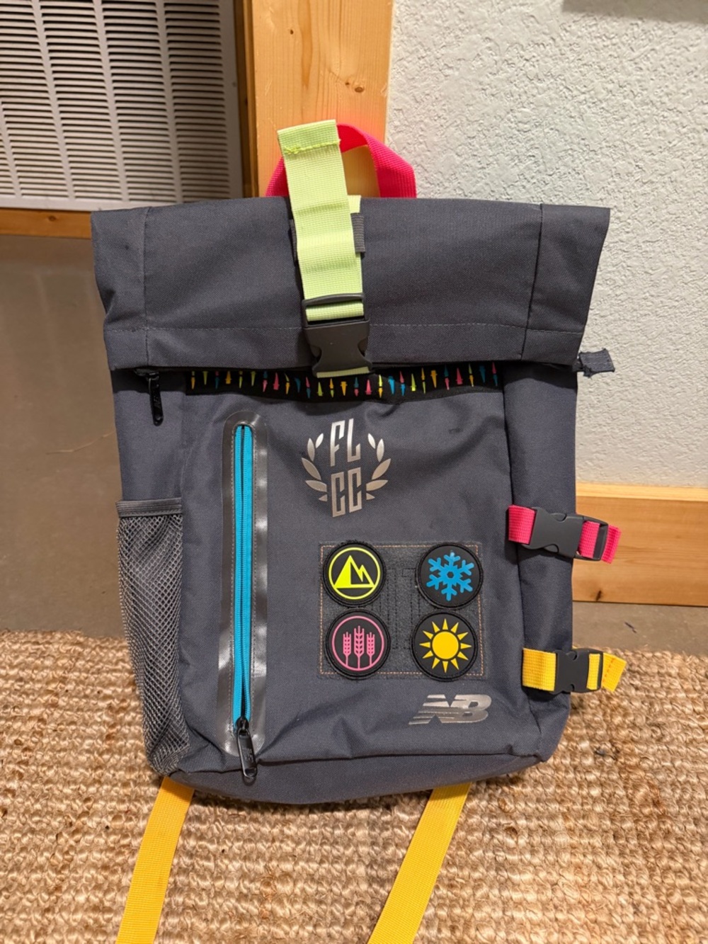 New Balance Kids' Gray Roll-Top Backpack with Neon Accents
